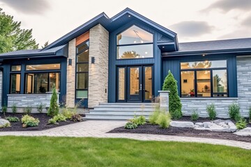 Retro-Inspired New House with Contemporary Features: Single Car Garage, Navy Blue Siding, and Natural Stone Facade, generative AI