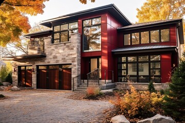Retro-inspired New House: Contemporary Features, Single Car Garage, Red Siding, Natural Stone Facade, generative AI