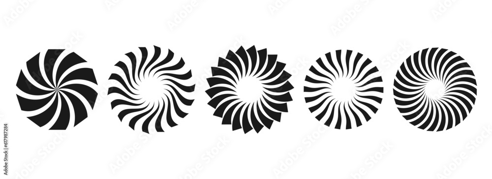Aufkleber black and white curl sunburst circles collection. stylized radial twisted element pack. round rays a