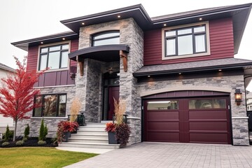 Visionary Brand New House: Innovative Aesthetic with Double Garage and Burgundy Siding, Enhanced by Natural Stone Embellishments, generative AI