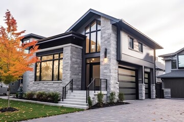 Fototapeta na wymiar Double Garage & Innovative Aesthetic: Visionary Brand New House with White Siding & Natural Stone Embellishments, generative AI