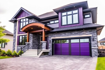 Visionary and Innovative: A Stunning Brand New House with Double Garage, Purple Siding, and Natural Stone Embellishments, generative AI