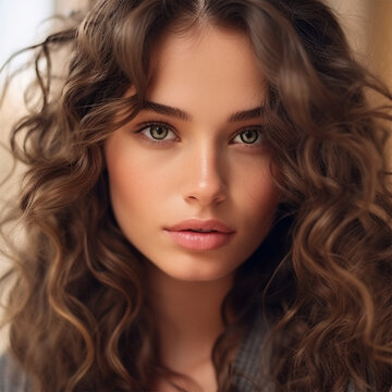 close up portrait of young woman with dark hair color and curly hair. Banner or poster. Social media content for beauty salons. Generative AI