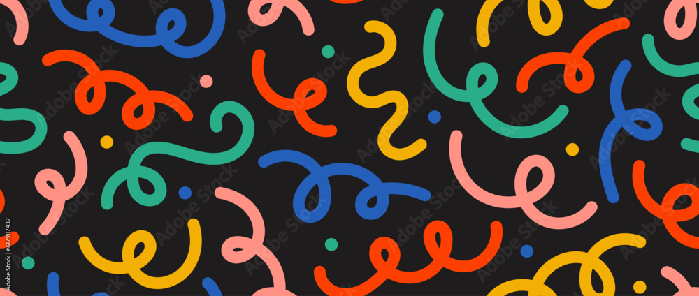 Aufkleber Abstract doodle lines seamless pattern. Bright colorful confetti and serpentine streamer repeating background. Cute childish scribble shapes and curved stripes wallpaper. Vector backdrop 