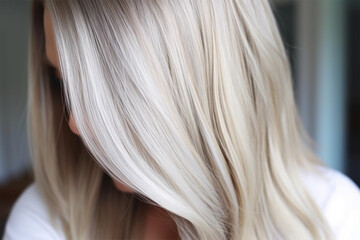 Fototapeta premium young woman with perfect blond hair in wavy styling in beauty salon after service. Social media content for beauty salons. Generative AI