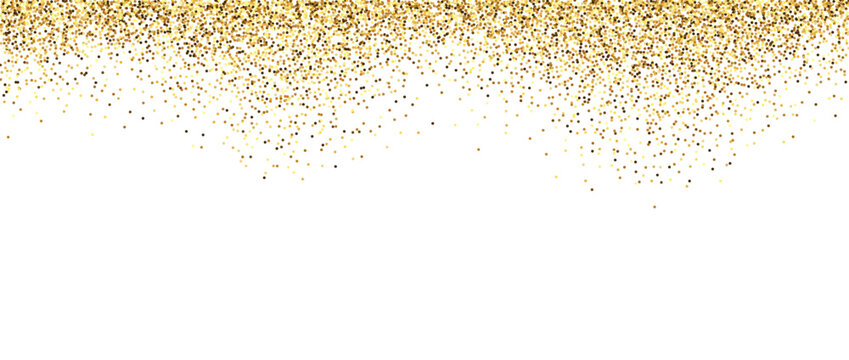 Golden glitter background. Sparkling small confetti wallpaper. Splashed gold dots texture. Vector design element for posters, flyer, invitation, Christmas birthday decoration. Vector