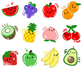 set of juicy fruits in cartoon style mini cute icon