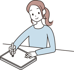 タブレットにタッチペンで書いている女性のイラスト素材