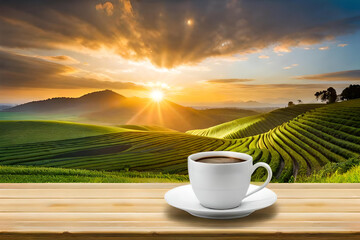 Coffee cup on wooden table with green plantation background made with Generative AI.