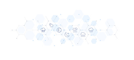 Weather banner vector illustration. Style of icon between. Containing lightning, meteorology, moon phase, moon, rain.