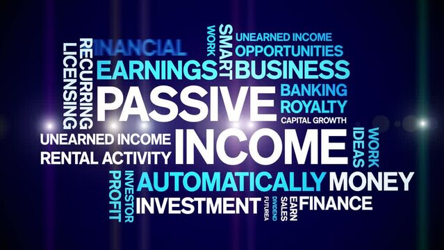 Passive income animated tag word cloud;text design animation kinetic typography seamless loop.