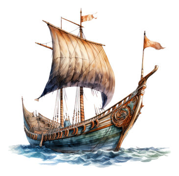 Watercolor illustration of vikings boat isolated.