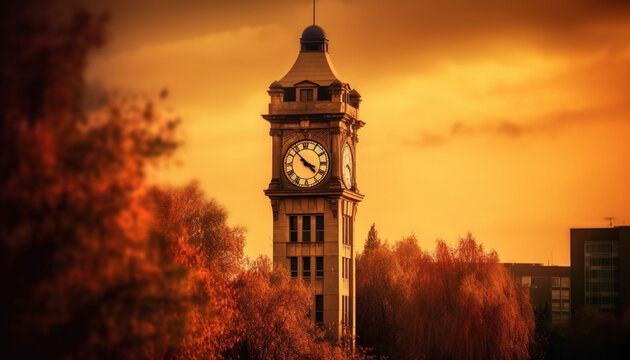Clock tower illuminated at sunset, a famous old fashioned building exterior generated by AI