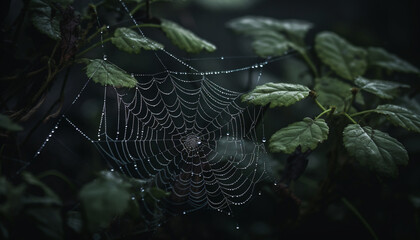 Spooky spider web traps dew drops on wet leaf outdoors generated by AI