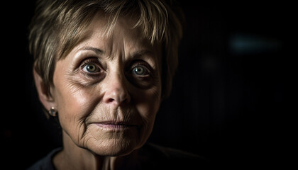 Fototapeta premium Serious senior woman with wrinkled face staring at camera indoors generated by AI