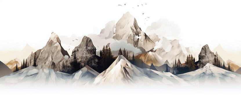 a watercolor style painting of mountains and birds in the sky Generated by AI