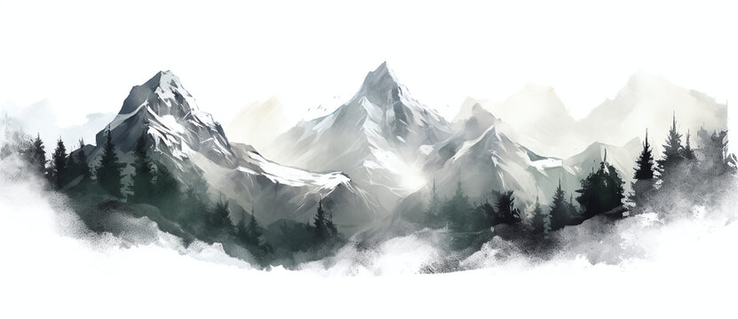 a painting depicting mountain peaks with pine forest Generated by AI