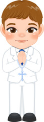 First communion boy praying has a rosary in his hand cartoon