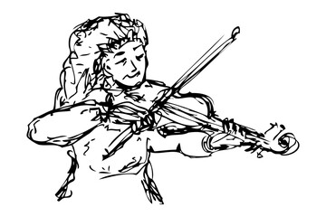 woman play violin, simple hand draw sketch vector, isolated on white