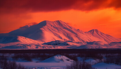 Majestic mountain range, tranquil sunset, frozen landscape, panoramic beauty generated by AI