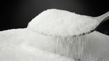 A macro video captures the delicate act of scooping pure white sugar with a spoon. The intricate crystals glisten and cascade, forming a sweet symphony of texture and light. Sugar background

