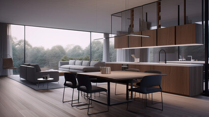 An open-plan kitchen that features a wood finish interior and furniture, offering a cozy ambiance complemented by the forest view outside. Photorealistic illustration, Generative AI