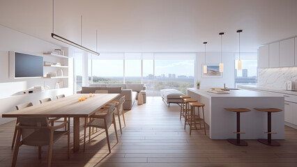 A white kitchen, part of an open-plan layout, offering a panoramic view of the nearby park and the city skyline. Photorealistic illustration, Generative AI