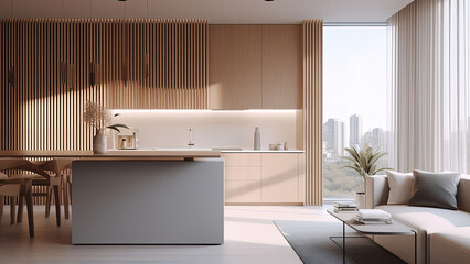 A small kitchen, in an open-plan layout within the apartment, offering a panoramic view of the park. Photorealistic illustration, Generative AI