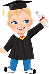 Boy holding diploma in academic gown for graduation day, Happy boy cartoon character for graduation day card template