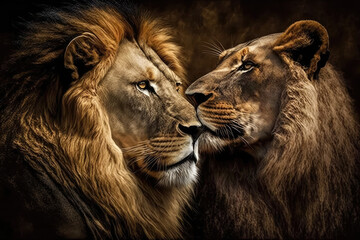 Majestic African lion couple loving pride, generative AI