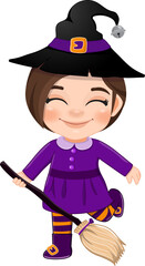 Little witch holding the broom, Halloween party cartoon character