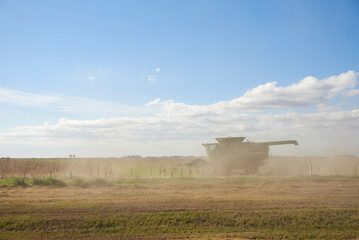 Agricultural machinery working in a field in Argentina. Composition with copy space, without people.