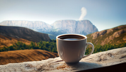 Cup of coffee near the mountain.