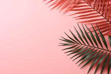 Fototapeta na wymiar Artistic Backdrop, Tropical Exotic Palm Leaves Over a Minimalist Floral Composition, Ideal Copy Space Included, generative ai.