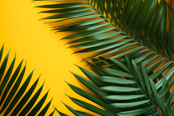 Artistic Backdrop, Tropical Exotic Palm Leaves Over a Minimalist Floral Composition, Ideal Copy Space Included, generative ai.