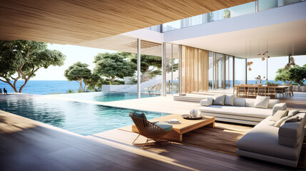 3D render, Modern Interior and pool villa Concept: Embracing the Timeless Elegance and Tranquility of Aesthetics, Creating a Harmonious Fusion of Indoor and Outdoor Spaces