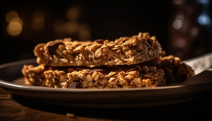 Obraz premium Stack of homemade dark chocolate fudge on rustic wooden plate generated by AI