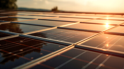 A close-up of a solar panel with sunlight reflecting off the surface in a clear Generative AI