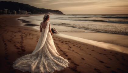 Fototapeta na wymiar A beautiful bride and groom walking on the sandy coastline generated by AI