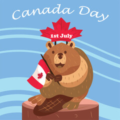 Cute illustrated happy canada day beaver with maple leaf headband on natural log in blue background
