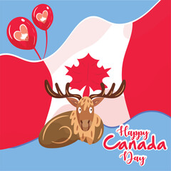 Naklejka premium Happy canada day with red balloons maple leaf and cutely illustrated moose in front of flag on july 1st