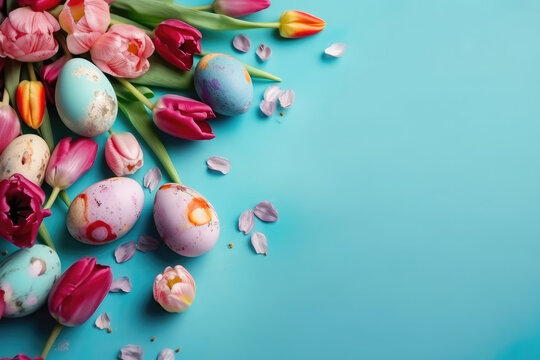 frame with colorful painted easter eggs and tulips on blue pastel background, generative AI