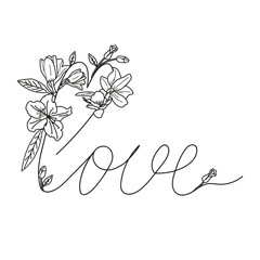 Vector Lettering on the theme of love with flowers in the Doodle style. Image of a word with blooming buds on a white background.