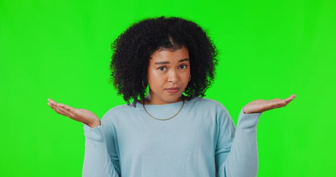 Option or decide and girl in portrait with shrug in studio with green screen background. Confused face, balance and woman choose gesture with thinking and emoji hands with doubt for decision.