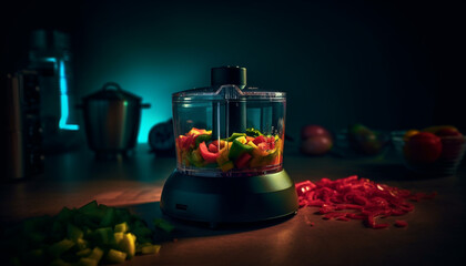 Fresh organic fruit and vegetable blender mixing healthy drink indoors generated by AI
