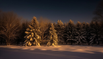 Tranquil winter forest illuminated by bright starlight and snowing gently generated by AI
