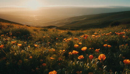 Vibrant wildflowers bloom in tranquil meadow under summer sunset sky generated by AI