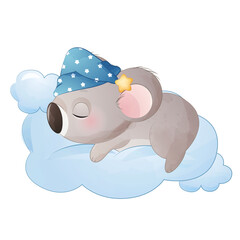 Cute koala sleeping on cloud watercolor illustration