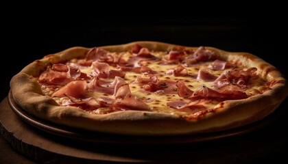 Freshly baked gourmet pizza with mozzarella, tomato sauce, and salami generated by AI