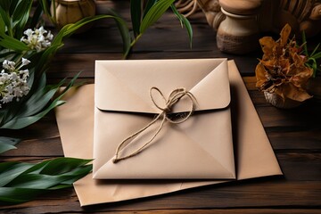 Crafting envelope with empty postcard, stationery card mock up among aesthetic autumn flowers and leaves close up. Atmospheric background